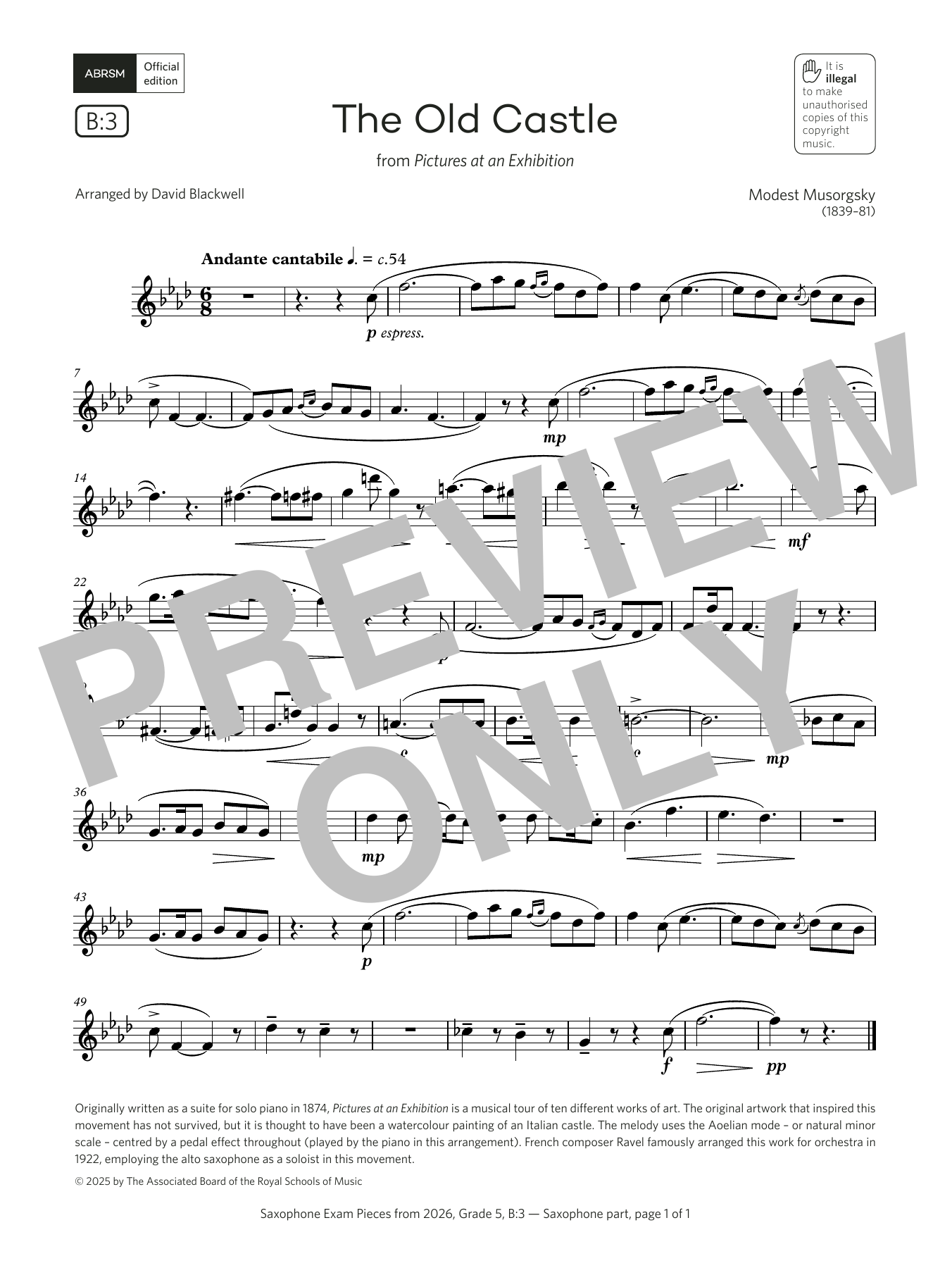 Download Modest Petrovich Musorgsky The Old Castle (Grade 5, list B3, from the ABRSM Saxophone Syllabus from 2026) Sheet Music and learn how to play Alto Sax Solo PDF digital score in minutes