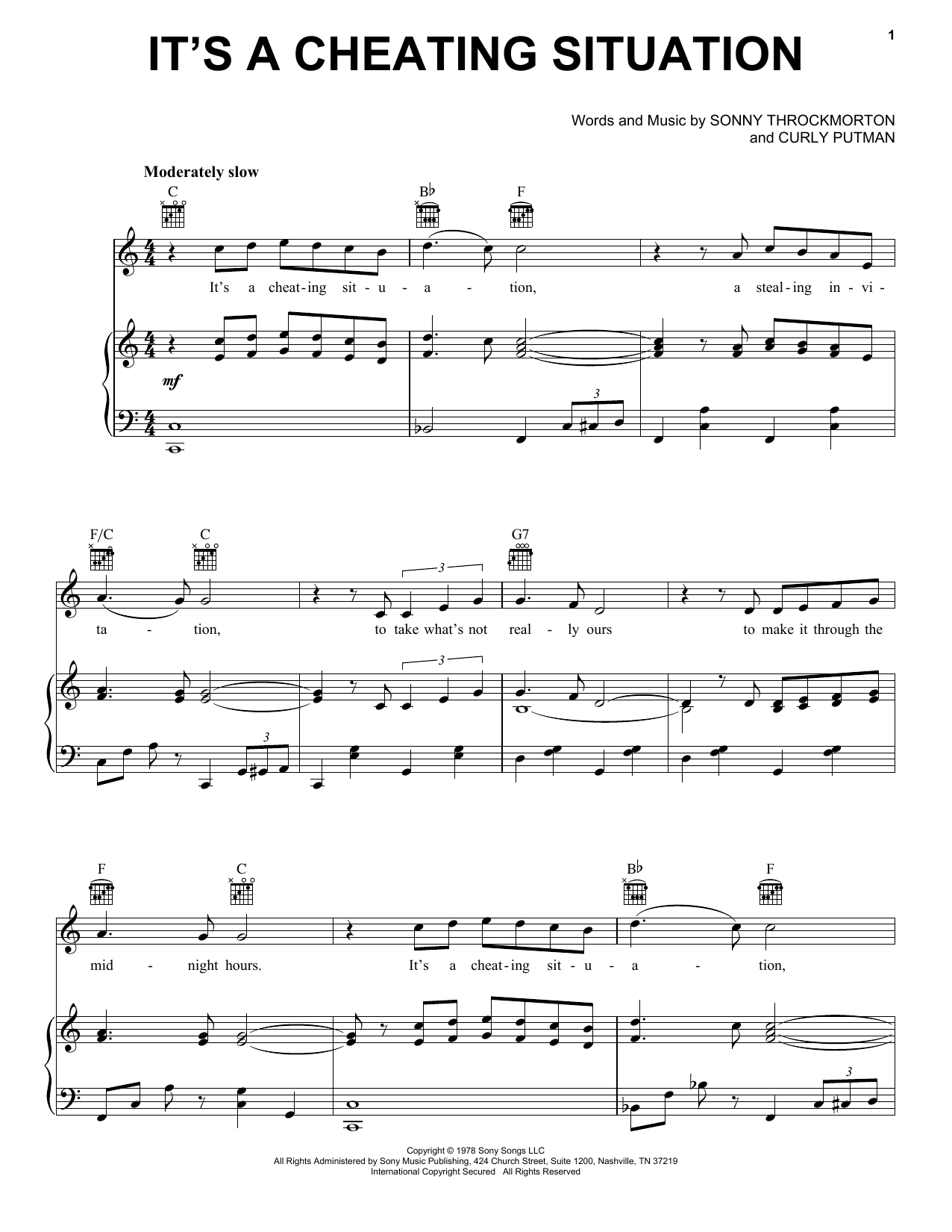 Download Moe Bandy It's A Cheating Situation Sheet Music and learn how to play Piano, Vocal & Guitar Chords (Right-Hand Melody) PDF digital score in minutes