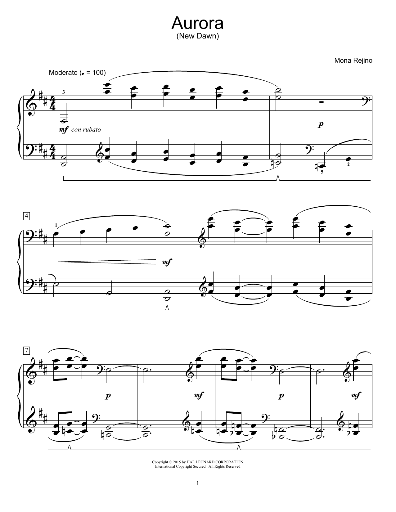 Download Mona Rejino Aurora (New Dawn) Sheet Music and learn how to play Educational Piano PDF digital score in minutes