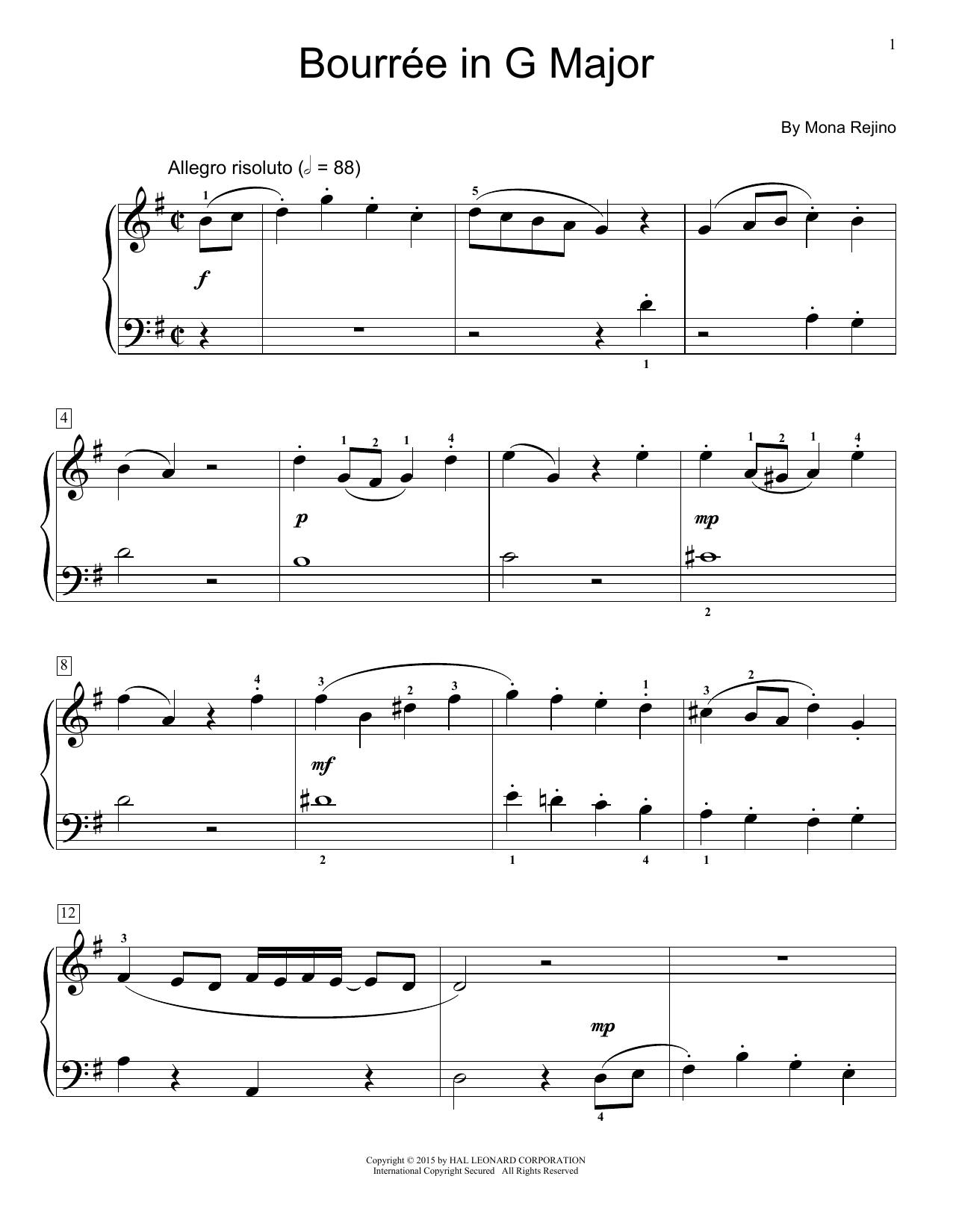 Download Mona Rejino Bourre In G Major Sheet Music and learn how to play Easy Piano PDF digital score in minutes