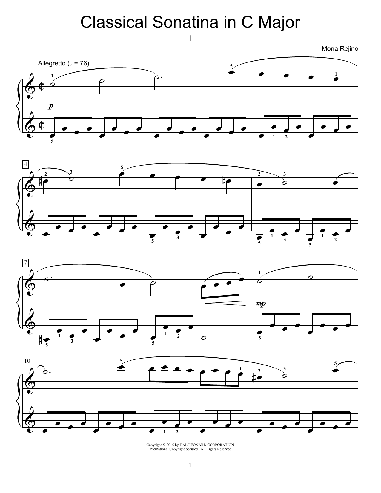 Download Mona Rejino Classical Sonatina In C Major Sheet Music and learn how to play Educational Piano PDF digital score in minutes