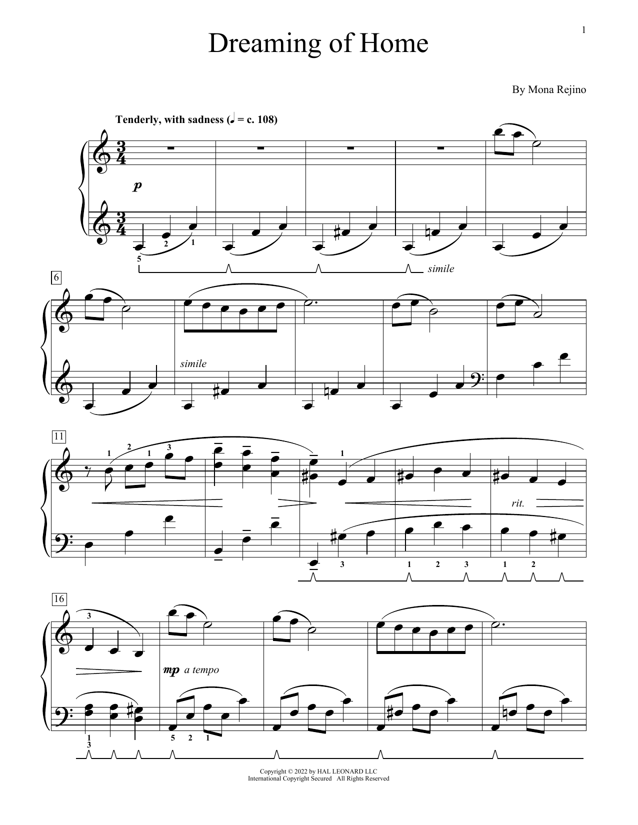 Download Mona Rejino Dreaming Of Home Sheet Music and learn how to play Educational Piano PDF digital score in minutes