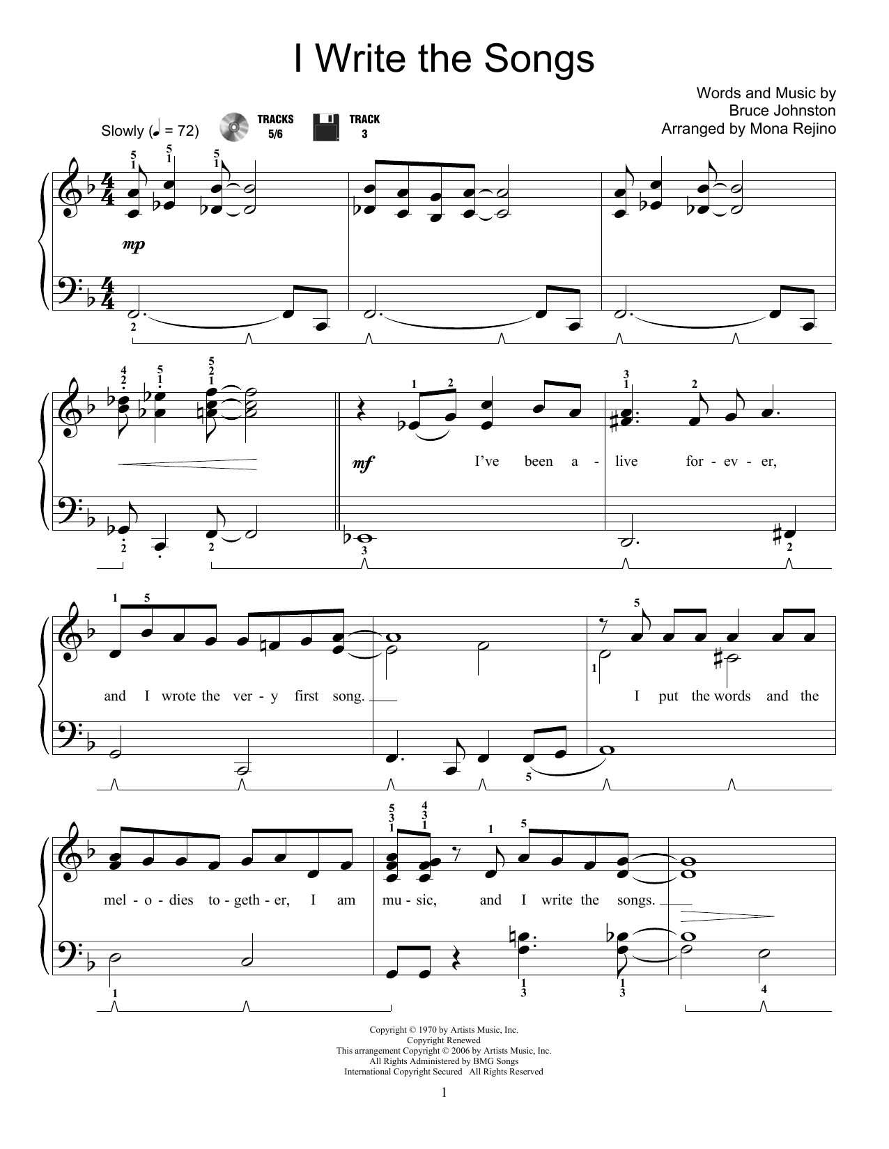 Download Mona Rejino I Write The Songs Sheet Music and learn how to play Easy Piano PDF digital score in minutes