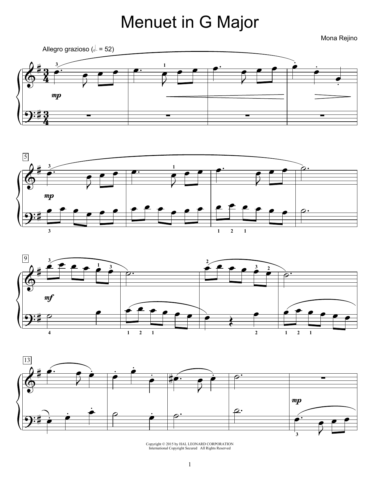Download Mona Rejino Menuet In G Major Sheet Music and learn how to play Educational Piano PDF digital score in minutes