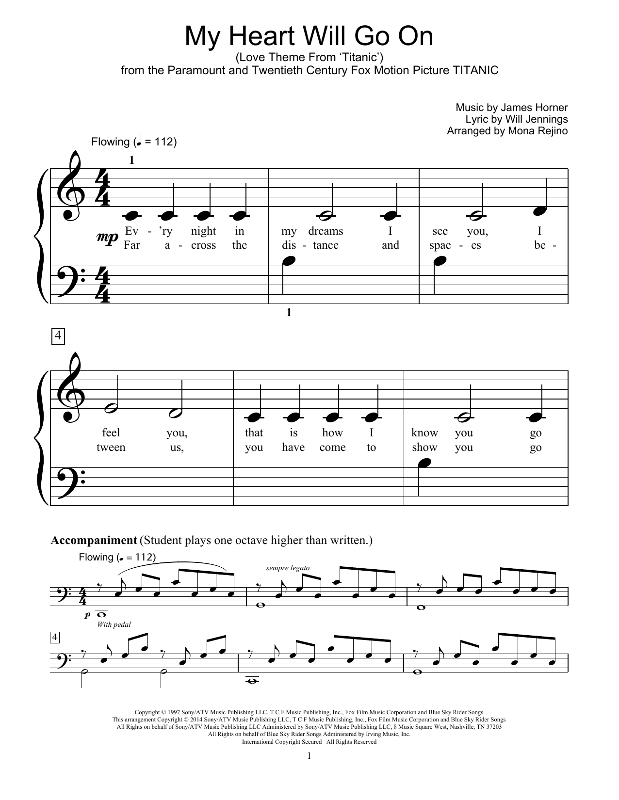 Download Mona Rejino My Heart Will Go On (Love Theme From 'Titanic') Sheet Music and learn how to play Easy Piano PDF digital score in minutes