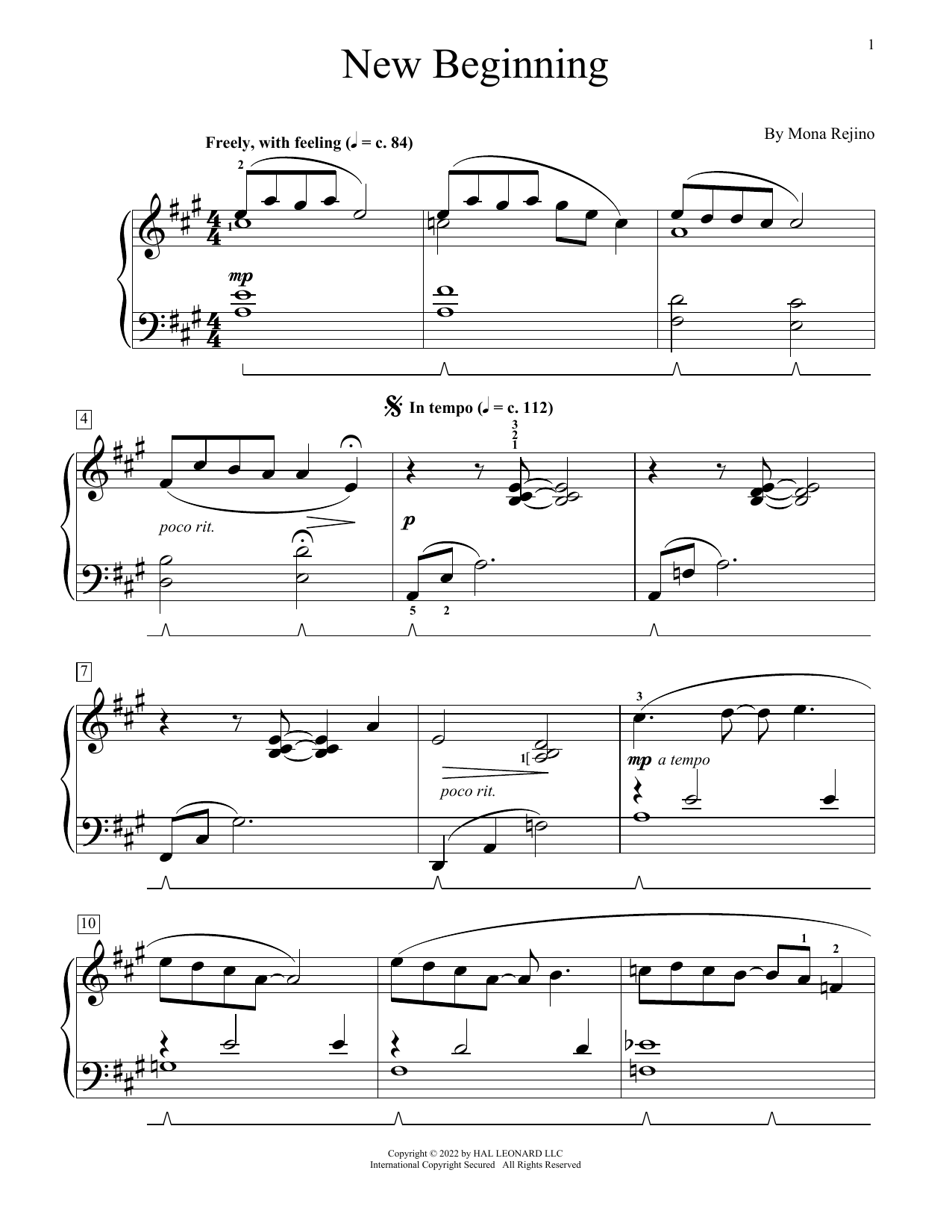 Download Mona Rejino New Beginning Sheet Music and learn how to play Educational Piano PDF digital score in minutes