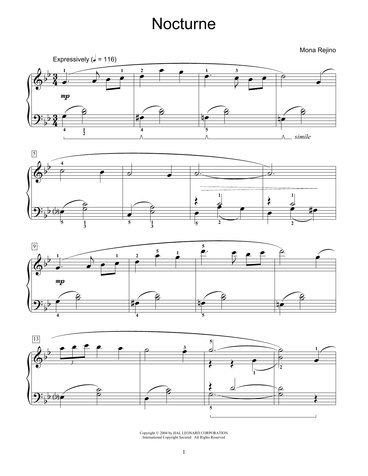 Download Mona Rejino Nocturne Sheet Music and learn how to play Easy Piano PDF digital score in minutes