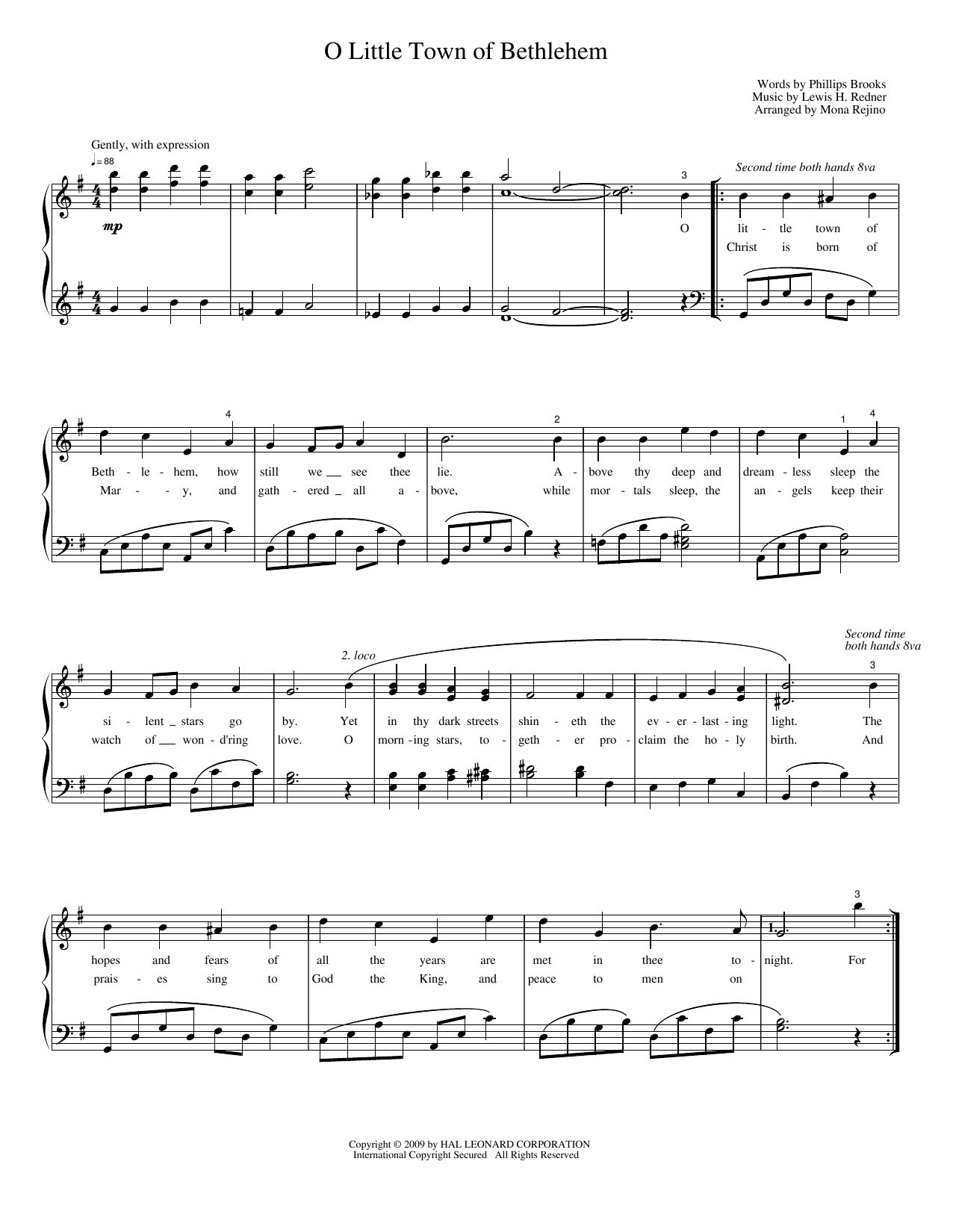 Download Mona Rejino O Little Town of Bethlehem Sheet Music and learn how to play Piano Solo PDF digital score in minutes