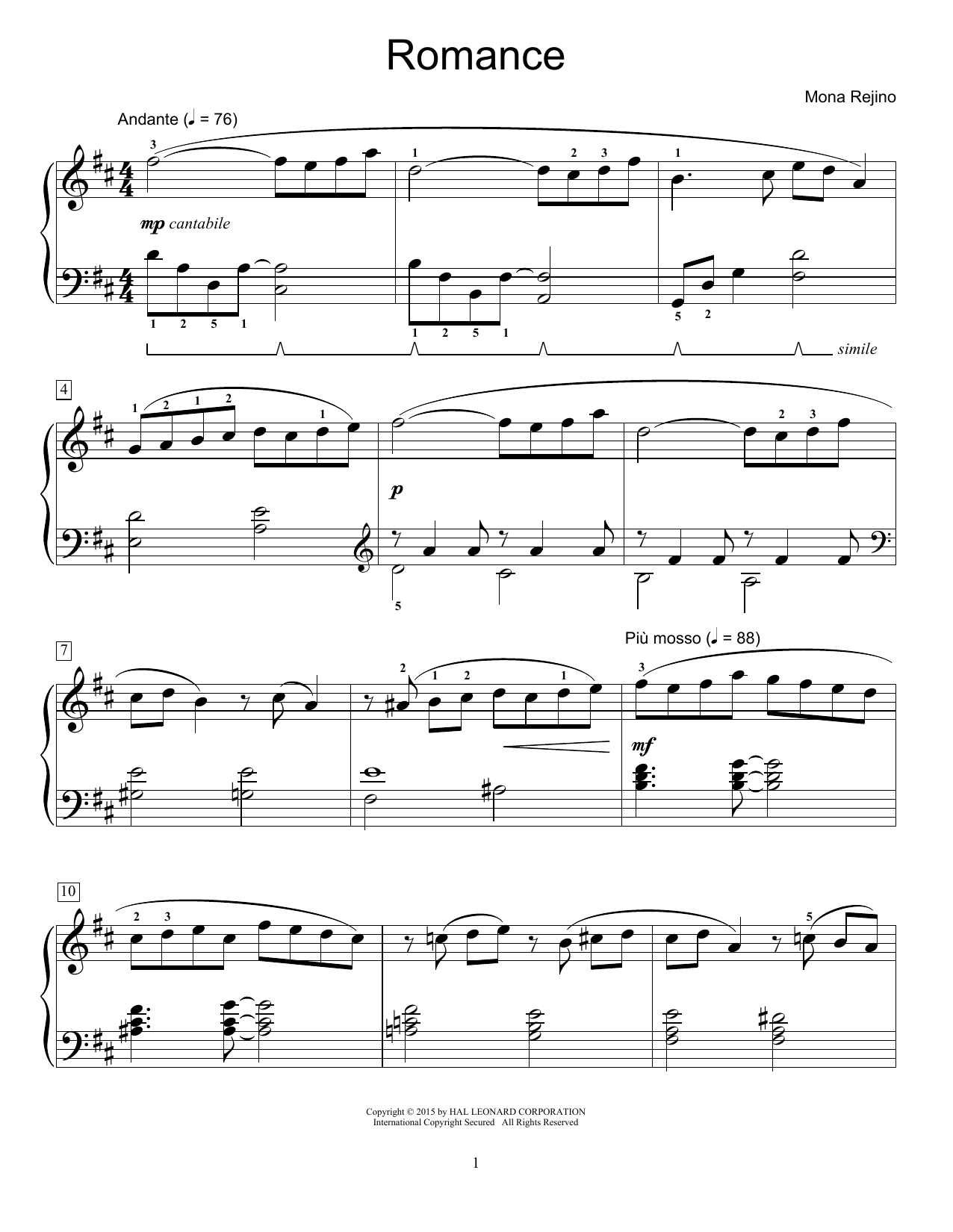 Download Mona Rejino Romance Sheet Music and learn how to play Educational Piano PDF digital score in minutes