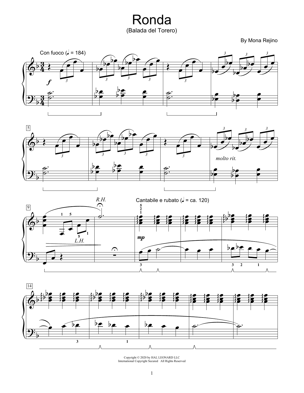 Download Mona Rejino Ronda (Balada Del Torero) Sheet Music and learn how to play Educational Piano PDF digital score in minutes
