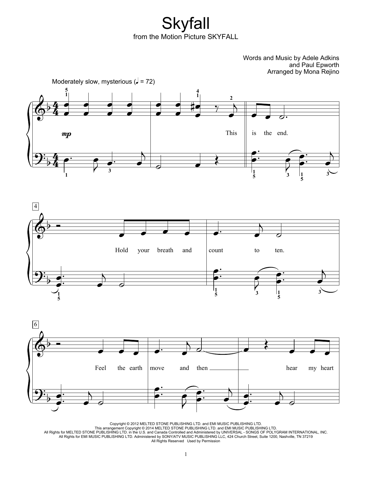 Download Adele Skyfall Sheet Music and learn how to play Easy Piano PDF digital score in minutes