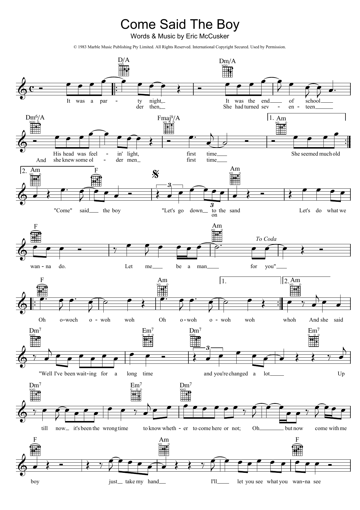 Download Mondo Rock Come Said The Boy Sheet Music and learn how to play Melody Line, Lyrics & Chords PDF digital score in minutes