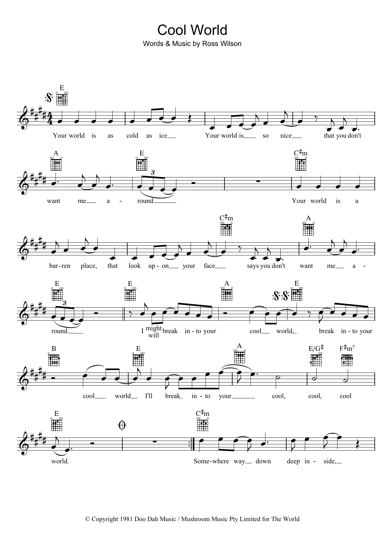 Download Mondo Rock Cool World Sheet Music and learn how to play Melody Line, Lyrics & Chords PDF digital score in minutes