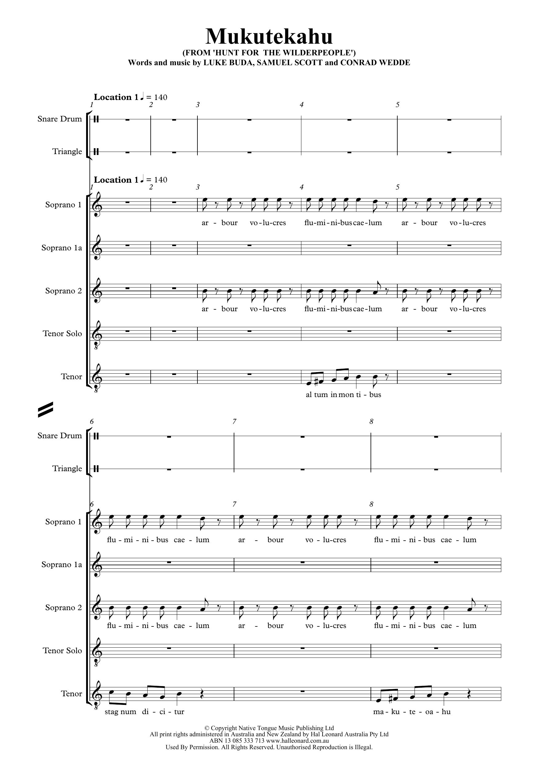 Download Moniker Mukutekahu (from Hunt for the Wilderpeople) Sheet Music and learn how to play 5-Part PDF digital score in minutes