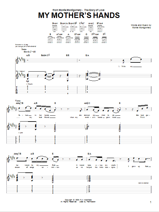 Download Monte Montgomery My Mother's Hands Sheet Music and learn how to play Guitar Tab PDF digital score in minutes