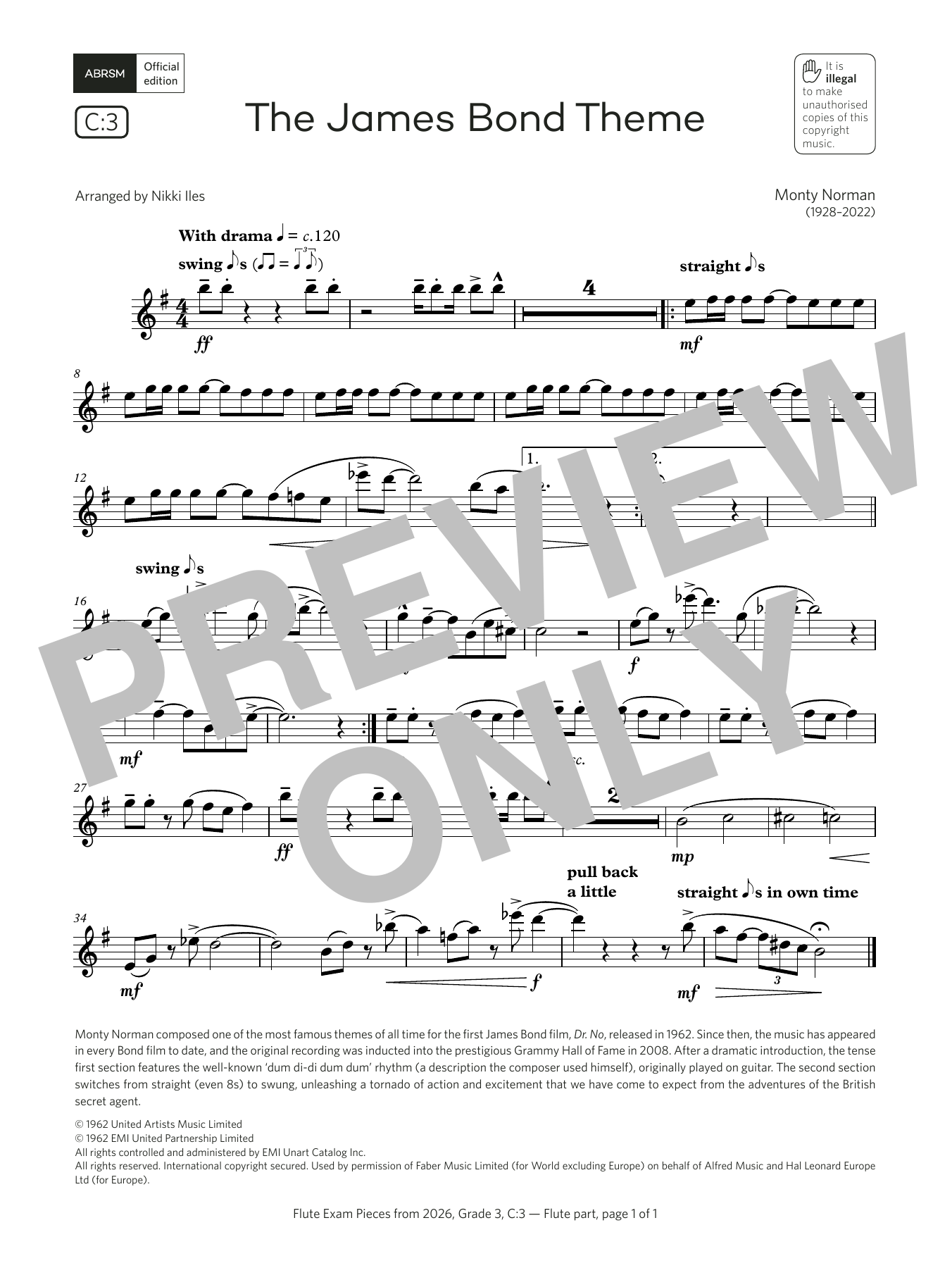 Download Monty Norman The James Bond Theme (Grade 3, list C3, from the ABRSM Flute Syllabus from 2026) Sheet Music and learn how to play Flute Solo PDF digital score in minutes