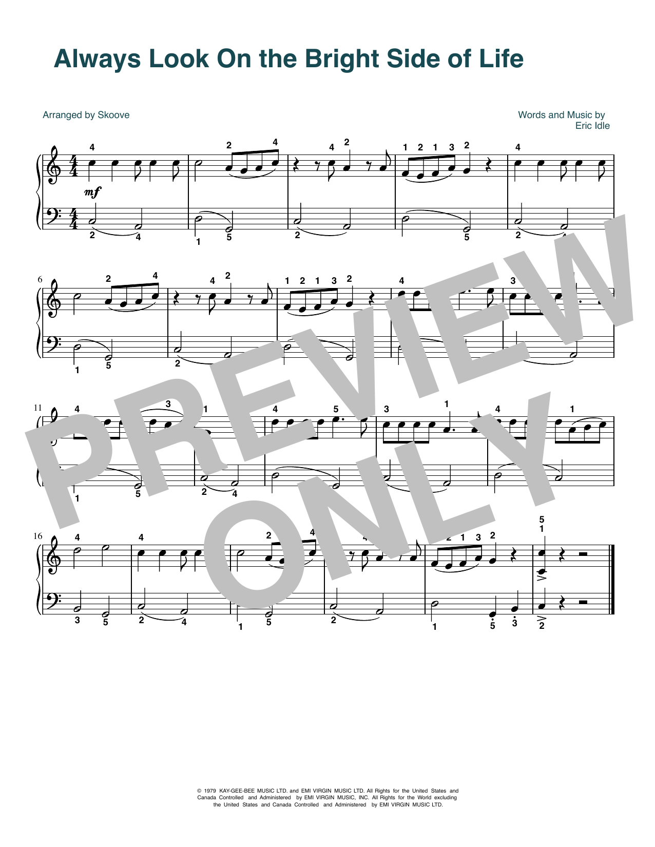 Download Monty Python Always Look On The Bright Side Of Life (arr. Skoove) Sheet Music and learn how to play Beginner Piano (Abridged) PDF digital score in minutes