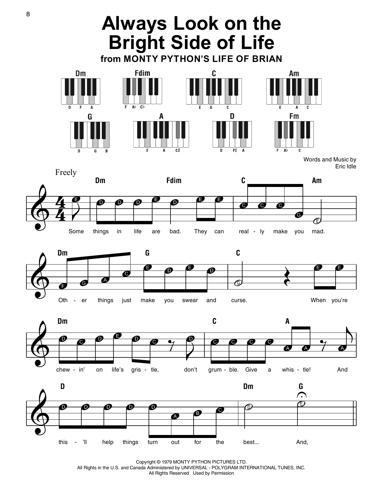 Download Monty Python Always Look On The Bright Side Of Life (from Spamalot) Sheet Music and learn how to play Super Easy Piano PDF digital score in minutes