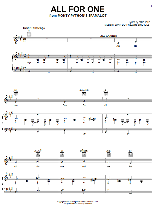 Download Monty Python's Spamalot All For One Sheet Music and learn how to play Easy Piano PDF digital score in minutes