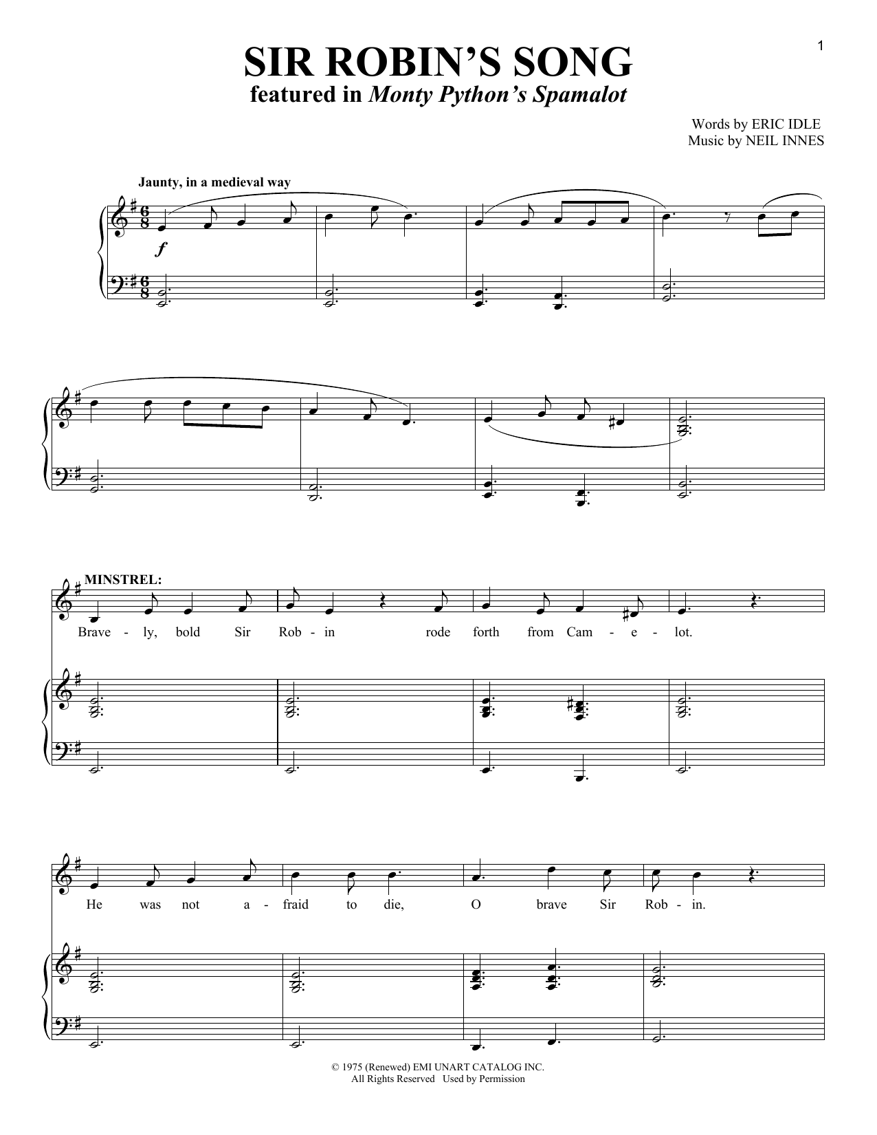 Download Monty Python's Spamalot Robin's Song Sheet Music and learn how to play Piano, Vocal & Guitar (Right-Hand Melody) PDF digital score in minutes