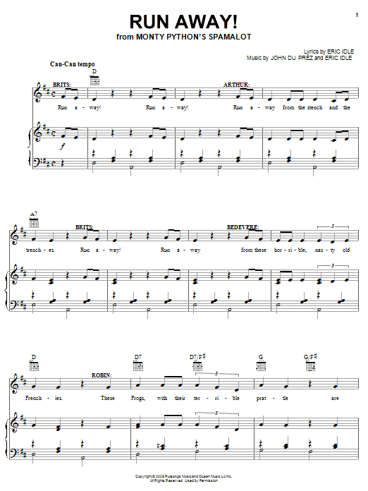 Download Monty Python's Spamalot Run Away! Sheet Music and learn how to play Piano, Vocal & Guitar (Right-Hand Melody) PDF digital score in minutes