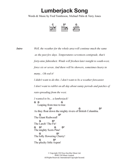 Download Monty Python Lumberjack Song Sheet Music and learn how to play Lyrics & Chords PDF digital score in minutes