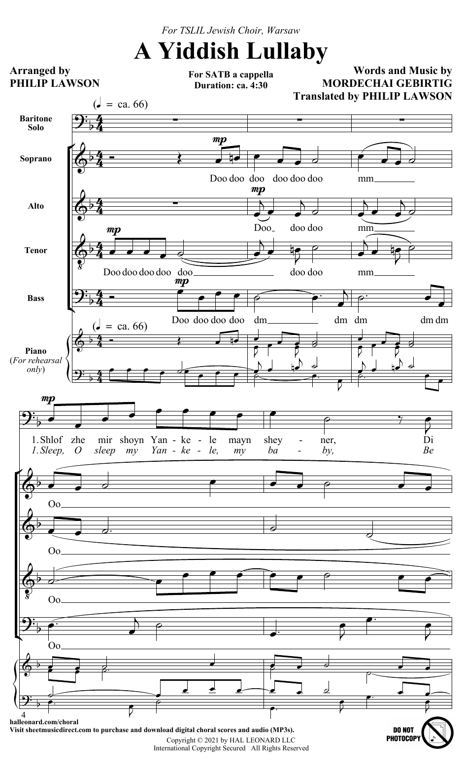 Download Mordechai Gebirtig A Yiddish Lullaby (arr. Philip Lawson) Sheet Music and learn how to play SATB Choir PDF digital score in minutes