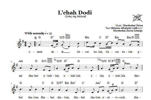 Download Mordechai Zeira L'chah Dodi (Come, My Beloved) Sheet Music and learn how to play Melody Line, Lyrics & Chords PDF digital score in minutes