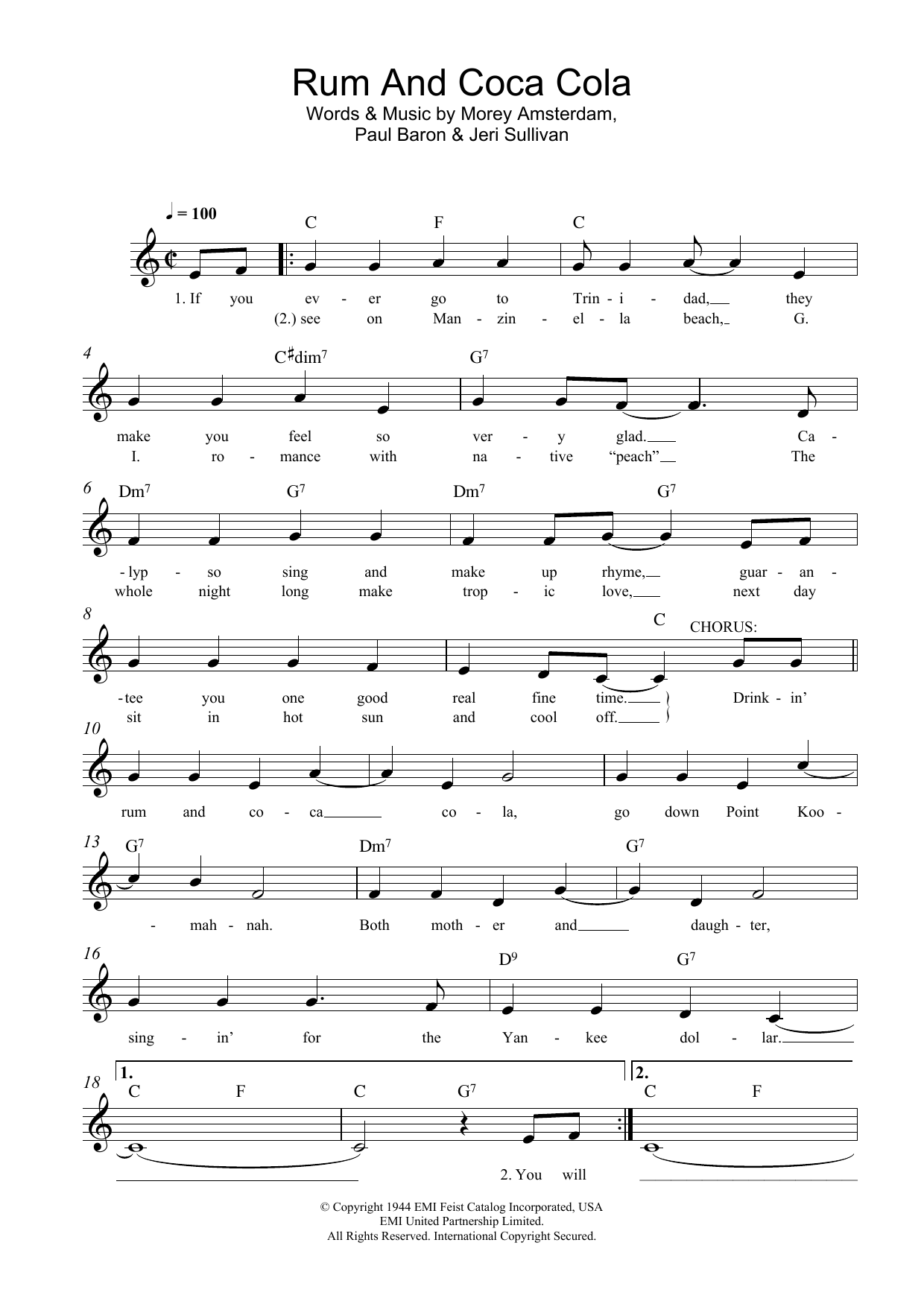 Download Morey Amsterdam Rum And Coca Cola Sheet Music and learn how to play Lead Sheet / Fake Book PDF digital score in minutes