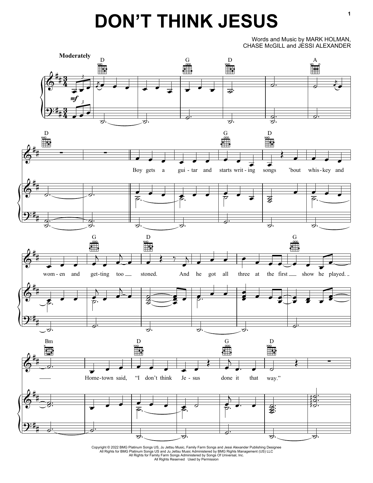 Download Morgan Wallen Don't Think Jesus Sheet Music and learn how to play Piano, Vocal & Guitar Chords (Right-Hand Melody) PDF digital score in minutes