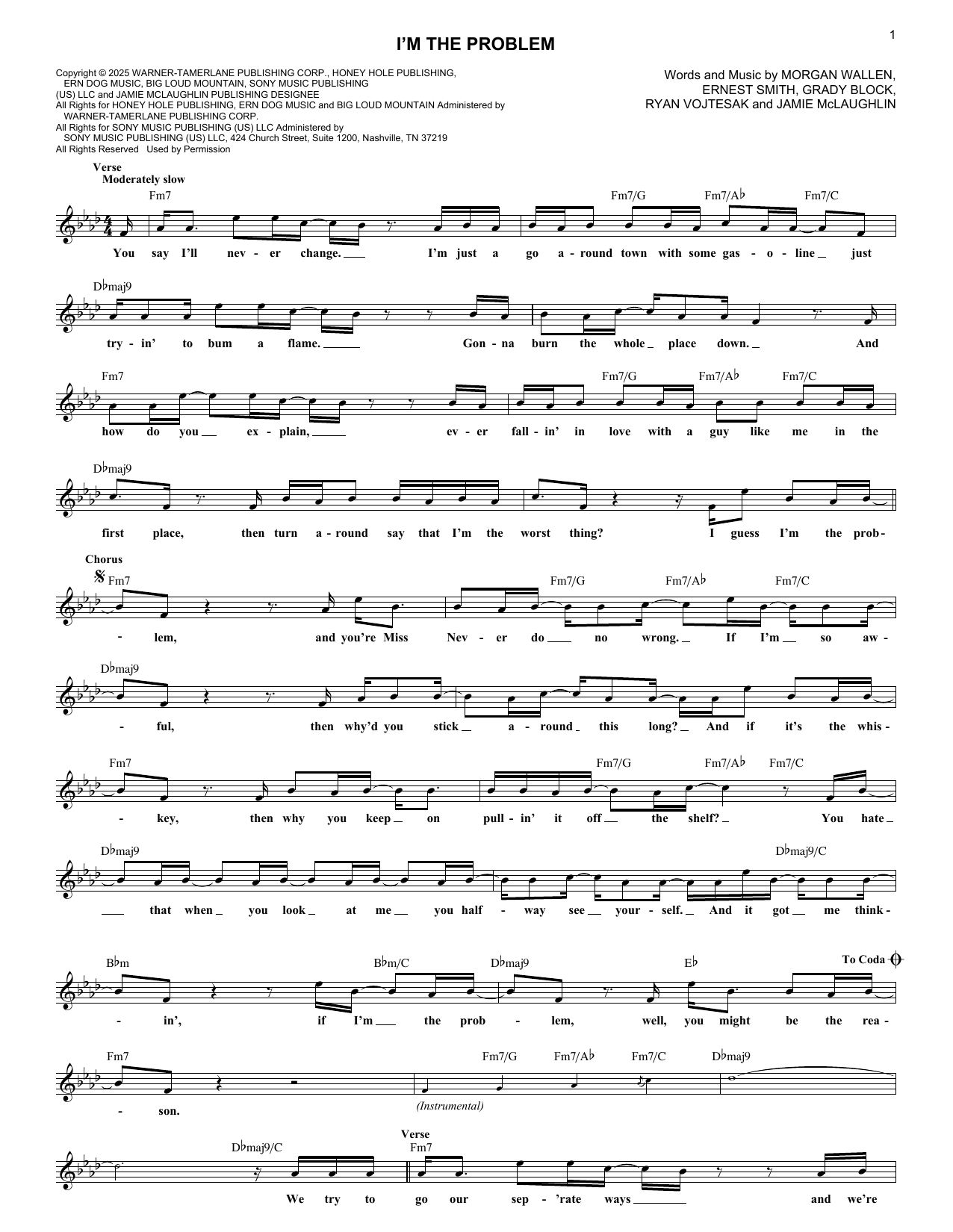 Download Morgan Wallen I'm The Problem Sheet Music and learn how to play Lead Sheet / Fake Book PDF digital score in minutes