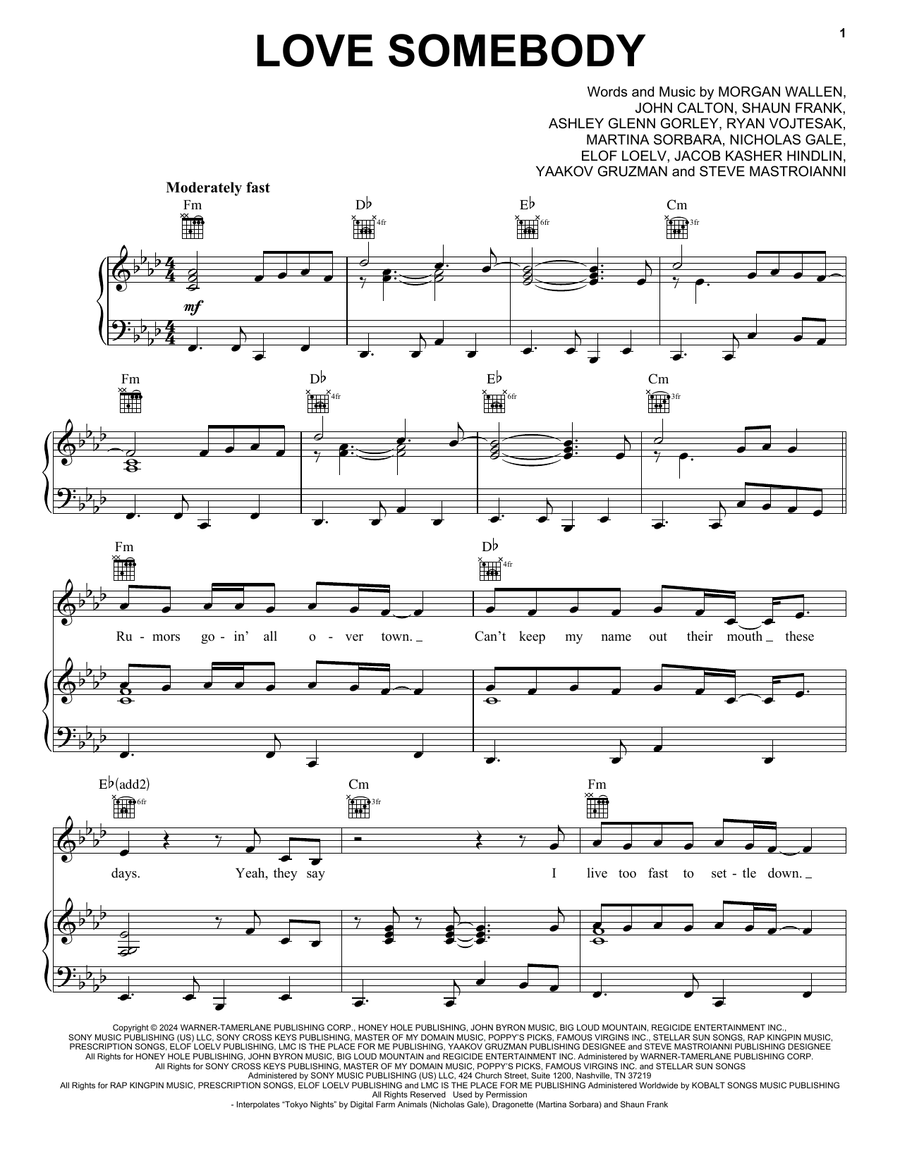 Download Morgan Wallen Love Somebody Sheet Music and learn how to play Piano, Vocal & Guitar Chords (Right-Hand Melody) PDF digital score in minutes