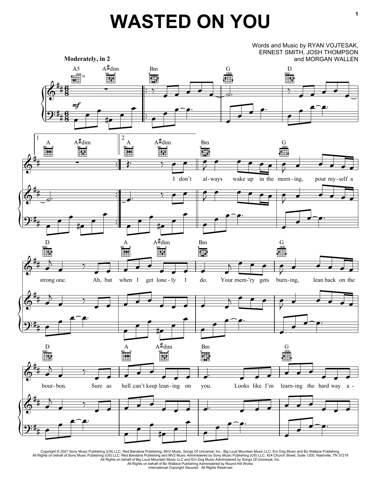 Download Morgan Wallen Wasted On You Sheet Music and learn how to play Piano, Vocal & Guitar Chords (Right-Hand Melody) PDF digital score in minutes