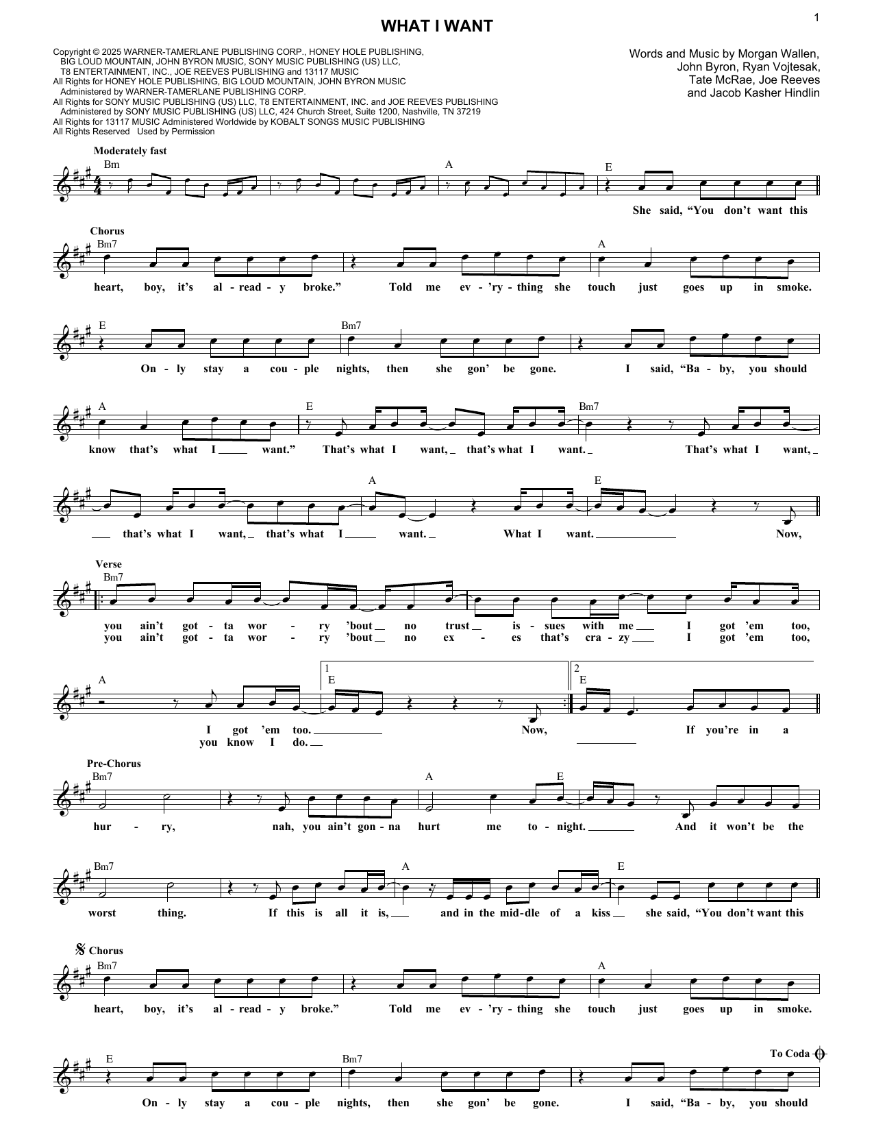 Download Morgan Wallen What I Want (feat. Tate McRae) Sheet Music and learn how to play Super Easy Piano PDF digital score in minutes