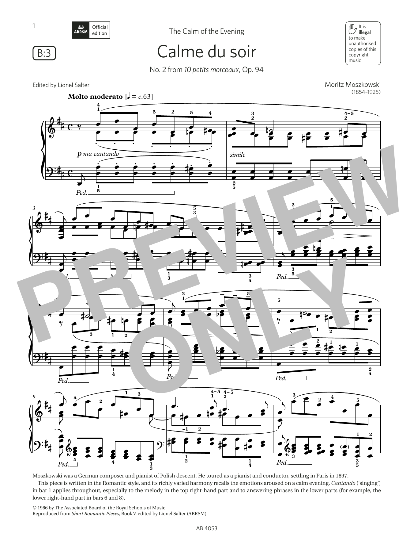 Download Moritz Moszkowski Calme du soir (Grade 7, list B3, from the ABRSM Piano Syllabus 2023 & 2024) Sheet Music and learn how to play Piano Solo PDF digital score in minutes