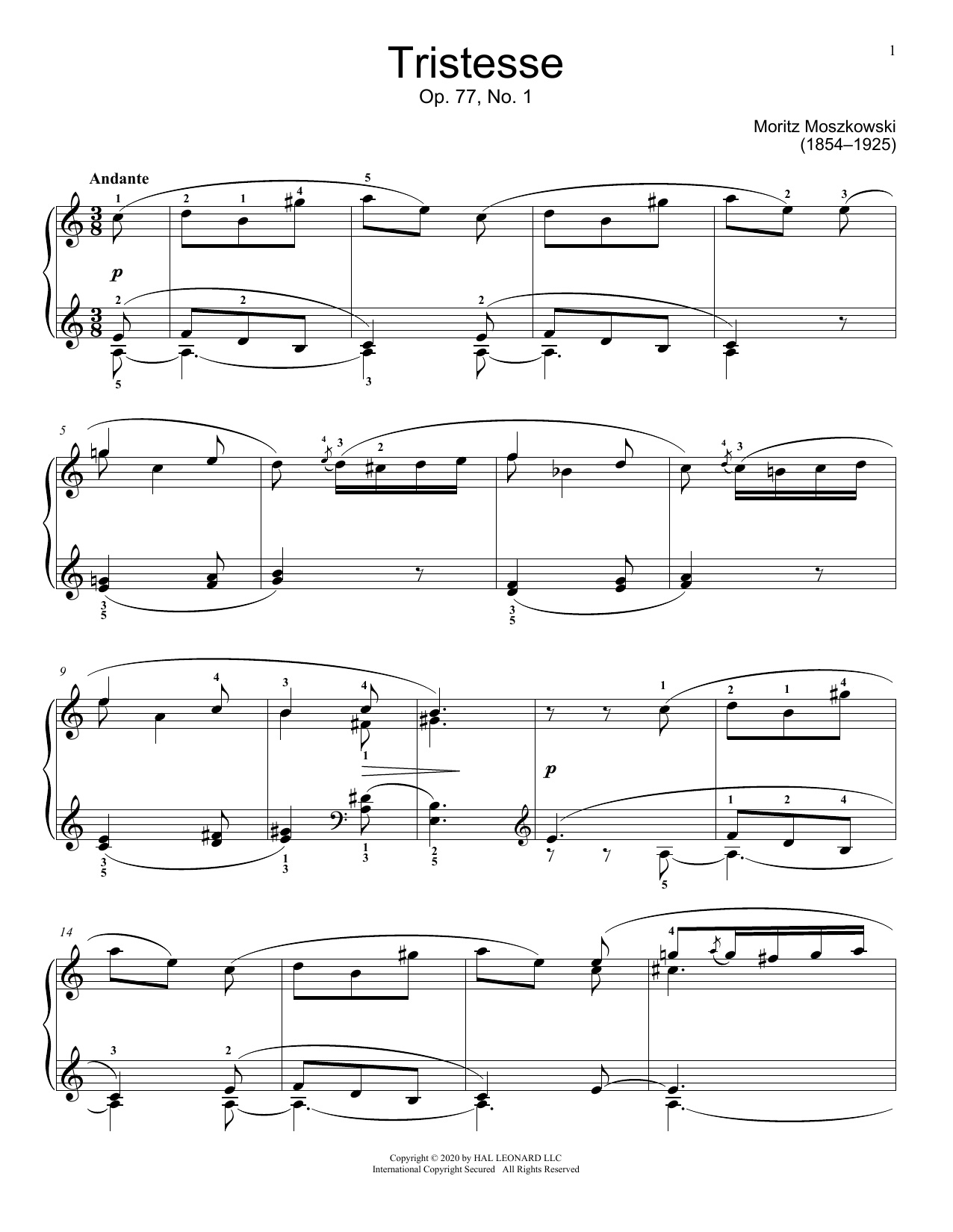 Download Moritz Moszkowski Tristesse, Op. 77, No. 1 Sheet Music and learn how to play Educational Piano PDF digital score in minutes