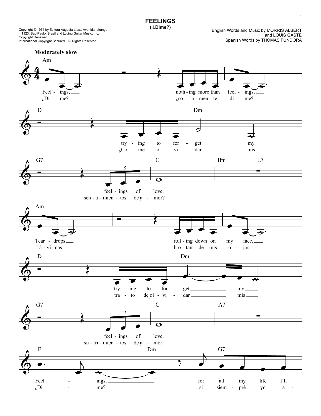 Download Morris Albert (Dime) Feelings Sheet Music and learn how to play Melody Line, Lyrics & Chords PDF digital score in minutes
