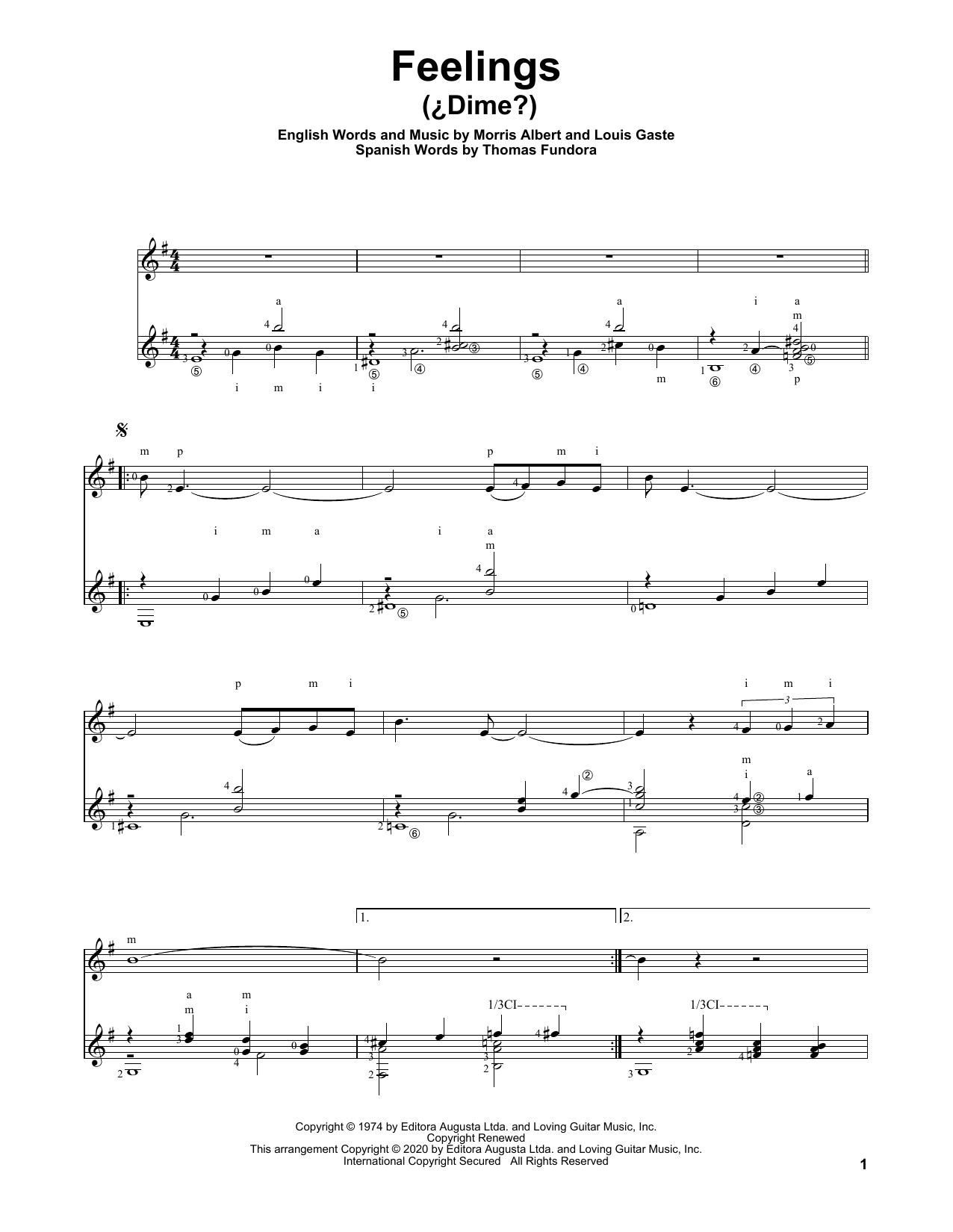 Download Morris Albert Feelings (¿Dime?) Sheet Music and learn how to play Solo Guitar PDF digital score in minutes