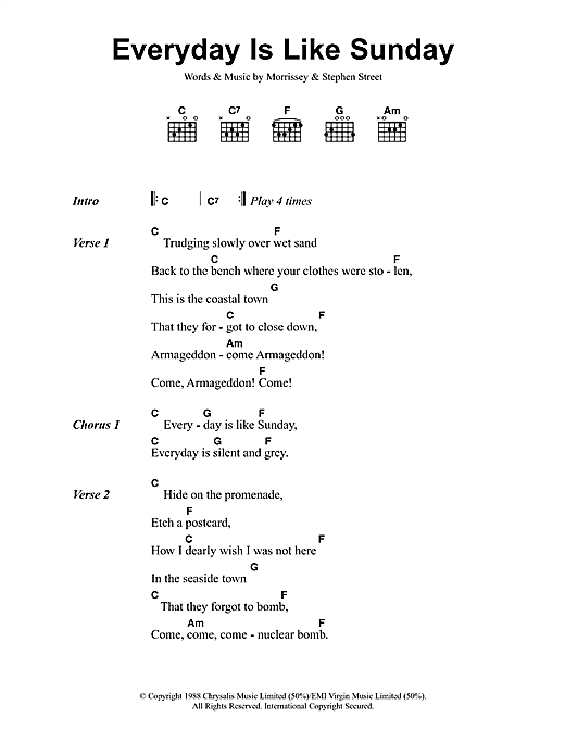 Download Morrissey Everyday Is Like Sunday Sheet Music and learn how to play Lyrics & Chords PDF digital score in minutes