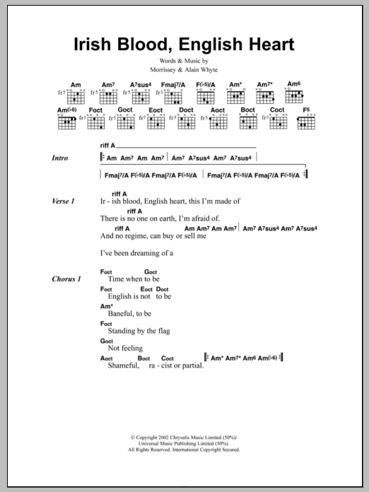 Download Morrissey Irish Blood, English Heart Sheet Music and learn how to play Lyrics & Chords PDF digital score in minutes