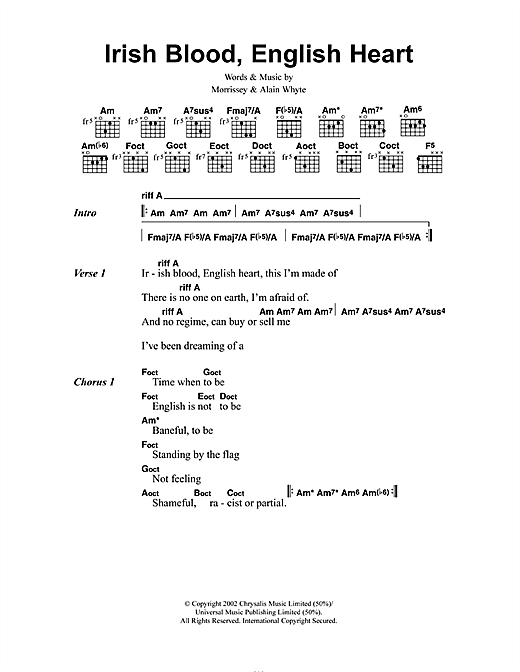 Download Morrissey Irish Blood, English Heart Sheet Music and learn how to play Lyrics & Chords PDF digital score in minutes