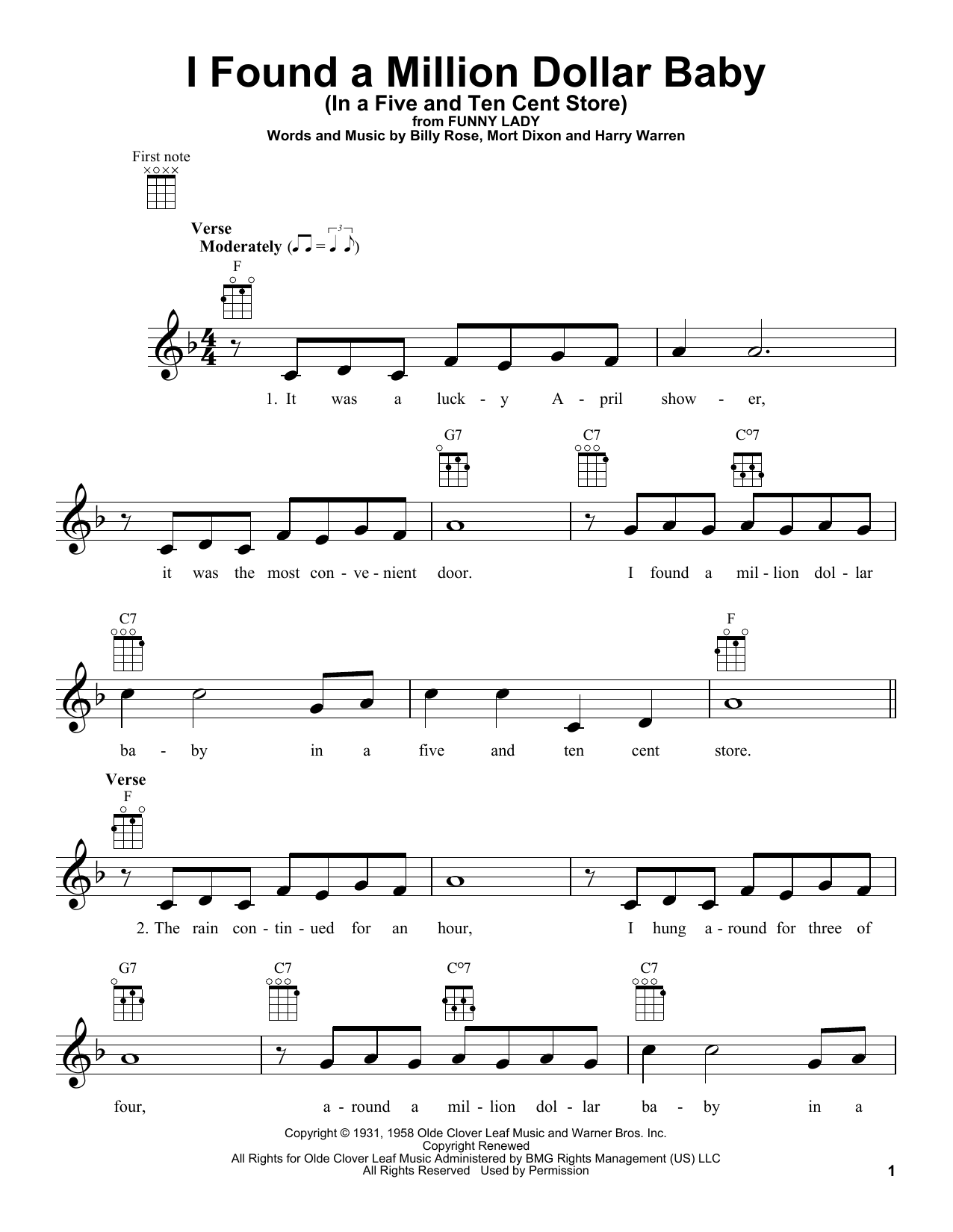 Download Mort Dixon I Found A Million Dollar Baby (In A Five And Ten Cent Store) Sheet Music and learn how to play Ukulele PDF digital score in minutes