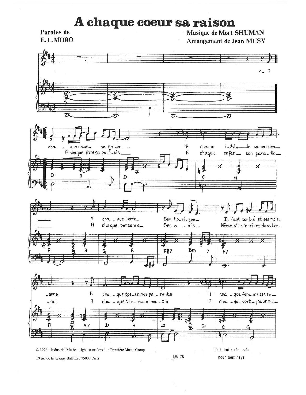 Download Mort Shuman A Chaque Coeur Sa Raison Sheet Music and learn how to play Piano & Vocal PDF digital score in minutes