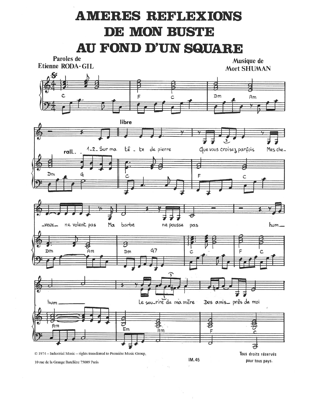 Download Mort Shuman Ameres Reflexions De Mon Buste Au Fond D'un Square Sheet Music and learn how to play Piano & Vocal PDF digital score in minutes