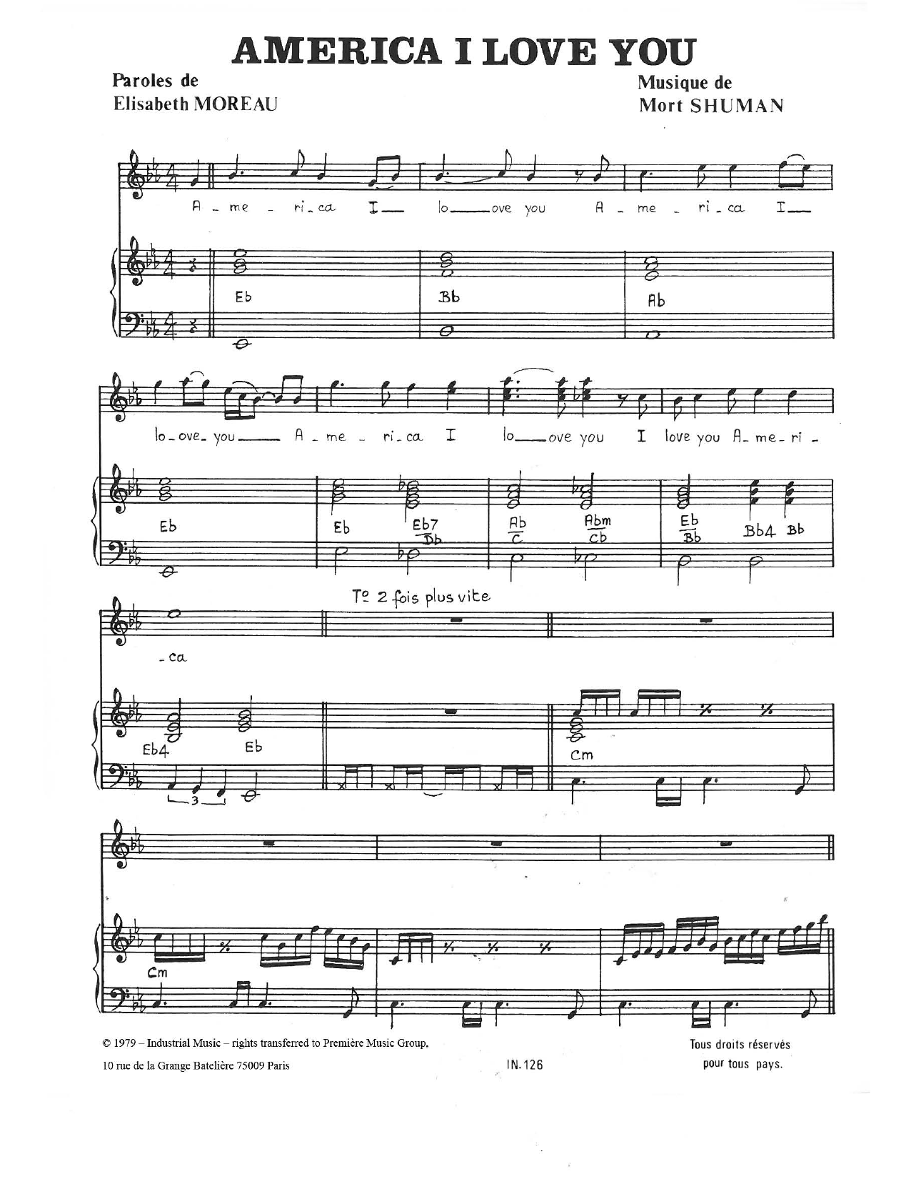 Download Mort Shuman America I Love You Sheet Music and learn how to play Piano & Vocal PDF digital score in minutes