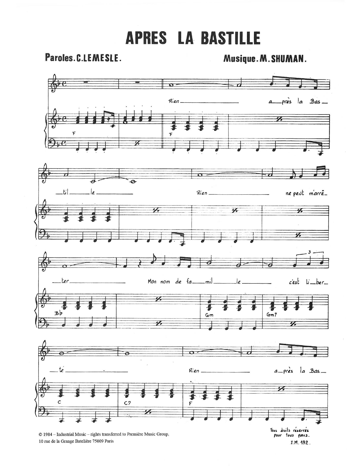 Download Mort Shuman Apres La Bastille Sheet Music and learn how to play Piano & Vocal PDF digital score in minutes