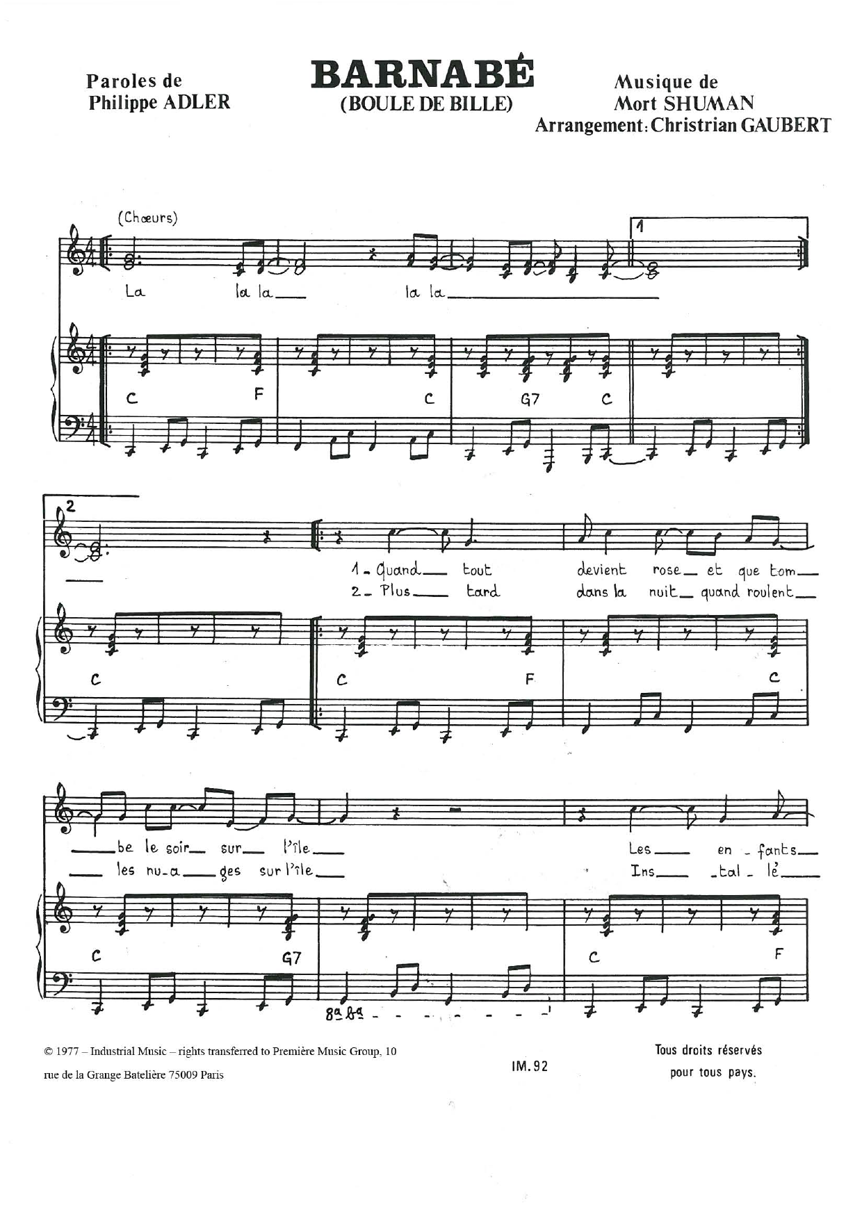 Download Mort Shuman Barnabe (Boule De Bille) Sheet Music and learn how to play Piano & Vocal PDF digital score in minutes