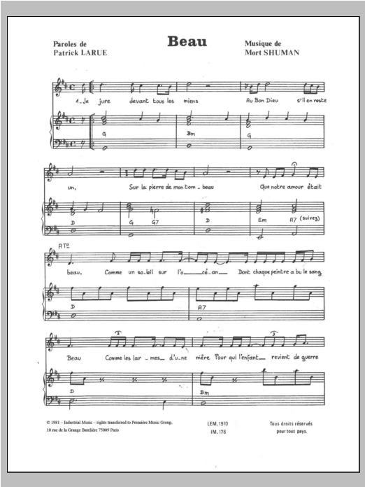 Download Mort Shuman Beau Sheet Music and learn how to play Piano & Vocal PDF digital score in minutes