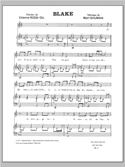 Download Mort Shuman Blake Sheet Music and learn how to play Piano & Vocal PDF digital score in minutes