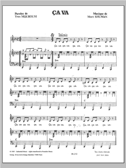 Download Mort Shuman Ca Va Sheet Music and learn how to play Piano & Vocal PDF digital score in minutes
